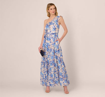One Shoulder Metallic Stripe Floral Maxi Dress In Champagne Blue Multi