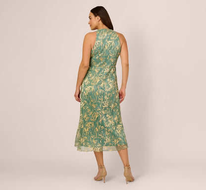 Plus Size Sleeveless Metallic Crinkle Midi Dress In Sage Gold