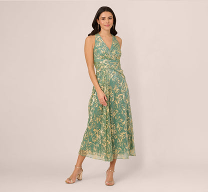 Sleeveless Metallic Crinkle Midi Dress In Sage Gold