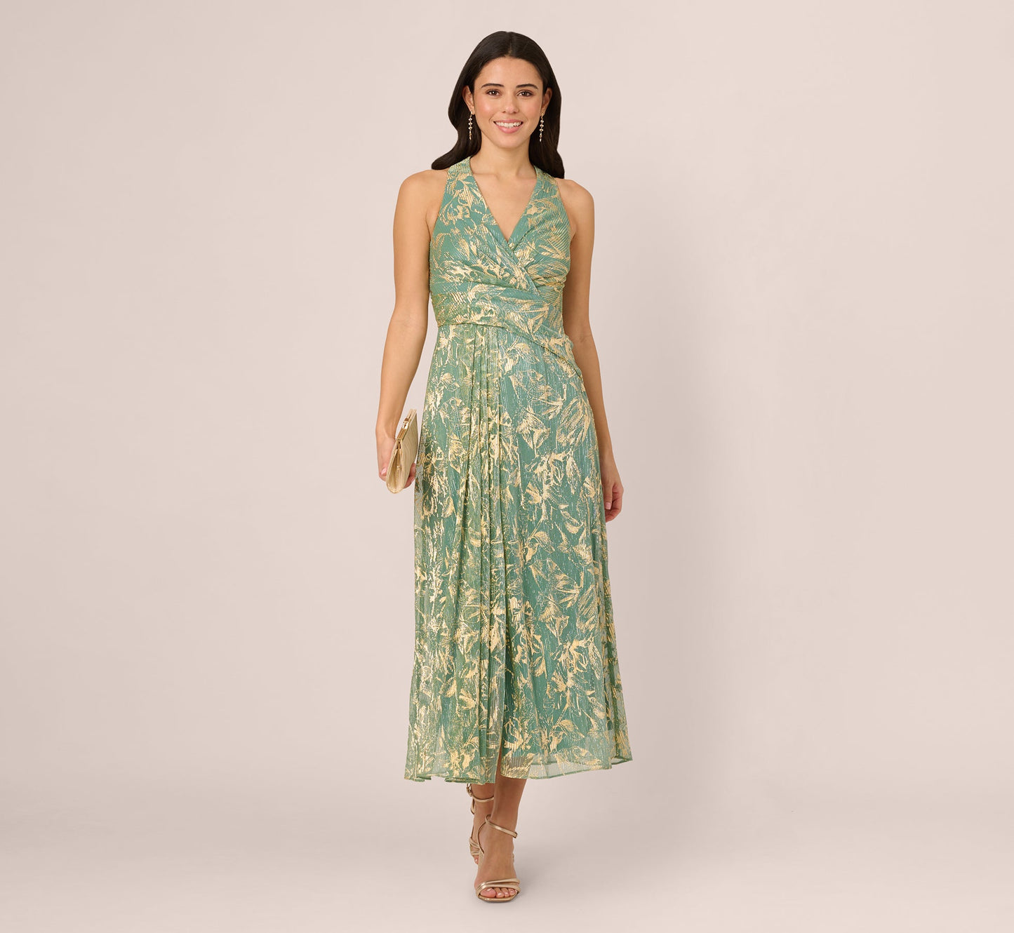 Sleeveless Metallic Crinkle Midi Dress In Sage Gold