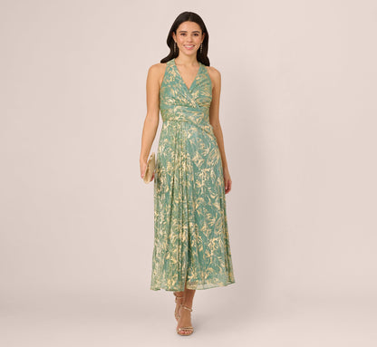 Sleeveless Metallic Crinkle Midi Dress In Sage Gold
