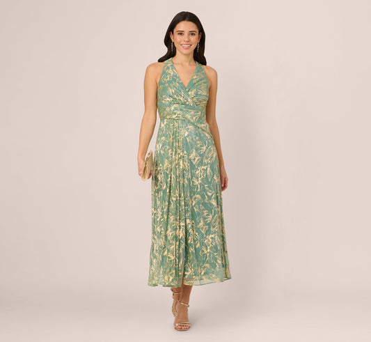 Sleeveless Metallic Crinkle Midi Dress In Sage Gold
