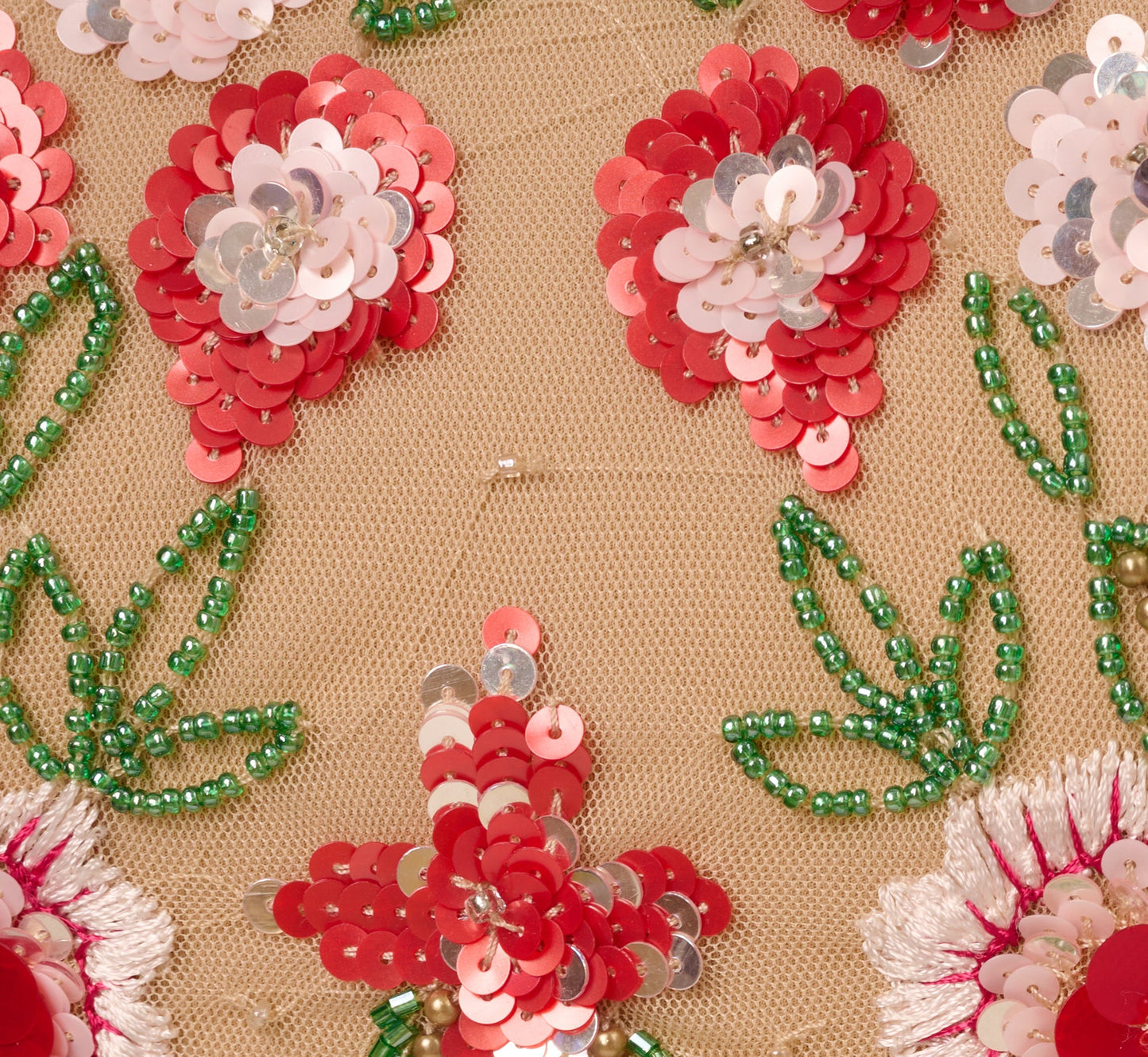 Sleeveless Fringe Trim Floral Bead Midi Dress In Nude Multi