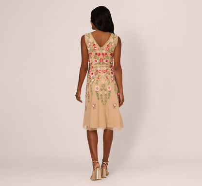 Sleeveless Fringe Trim Floral Bead Midi Dress In Nude Multi