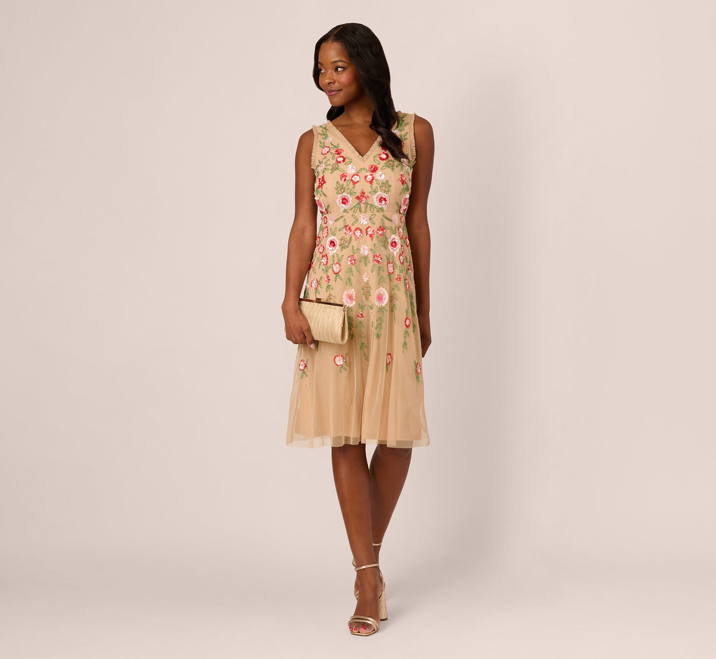 Sleeveless Fringe Trim Floral Bead Midi Dress In Nude Multi