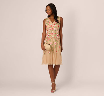 Sleeveless Fringe Trim Floral Bead Midi Dress In Nude Multi