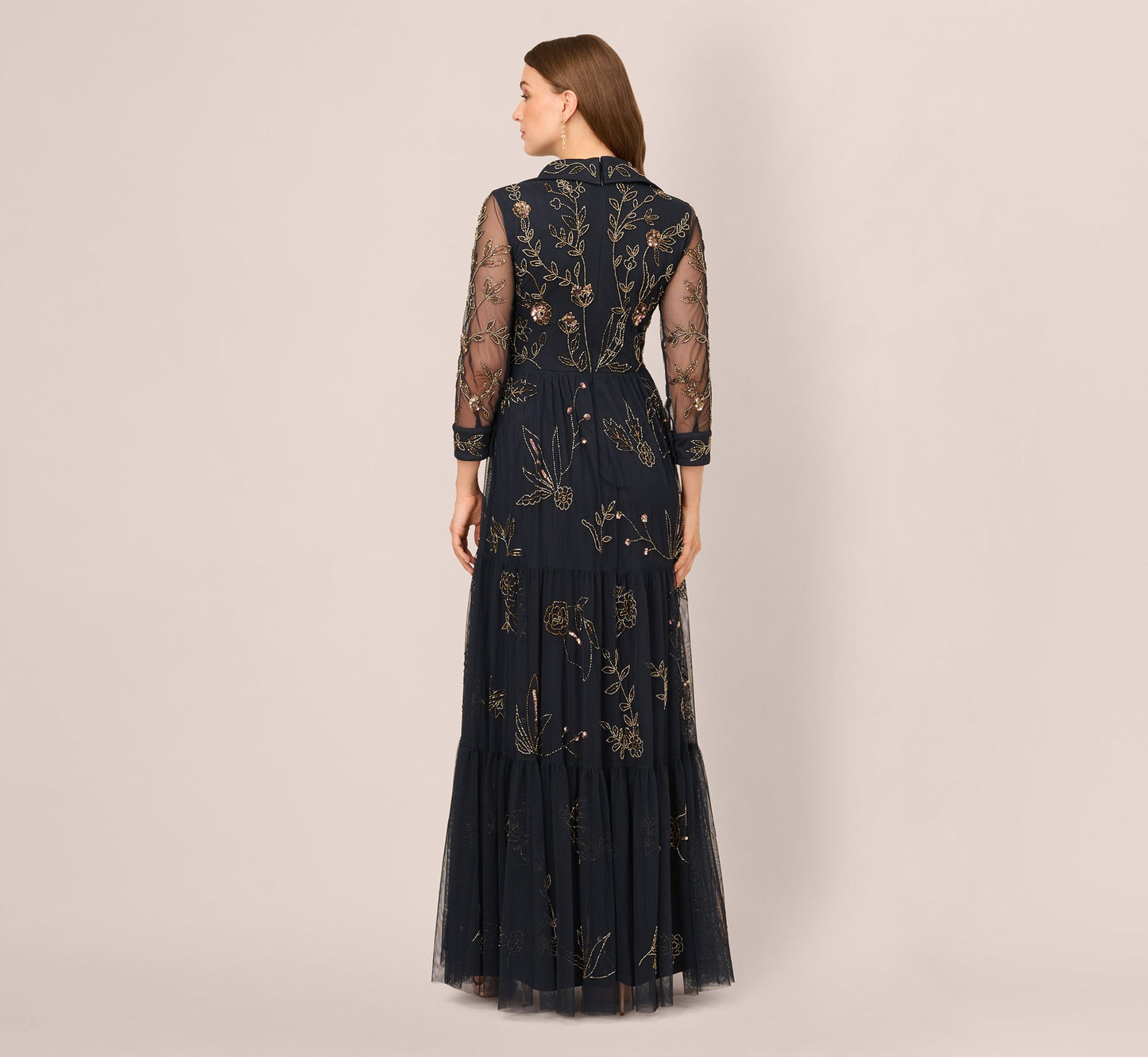 Three Quarter Sleeve Collared Floral Beaded Gown In Midnight Multi