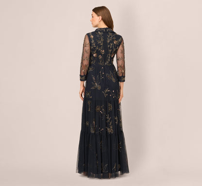 Three Quarter Sleeve Collared Floral Beaded Gown In Midnight Multi