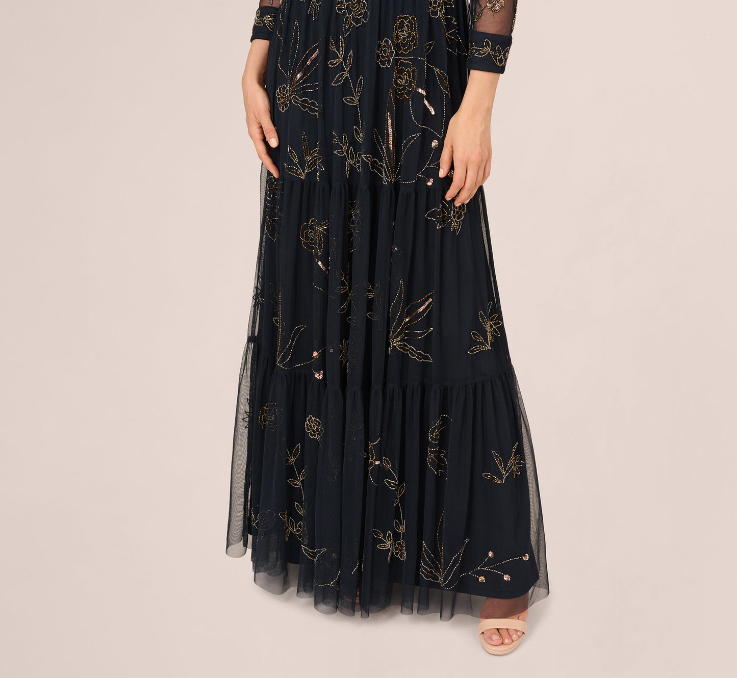 Three Quarter Sleeve Collared Floral Beaded Gown In Midnight Multi