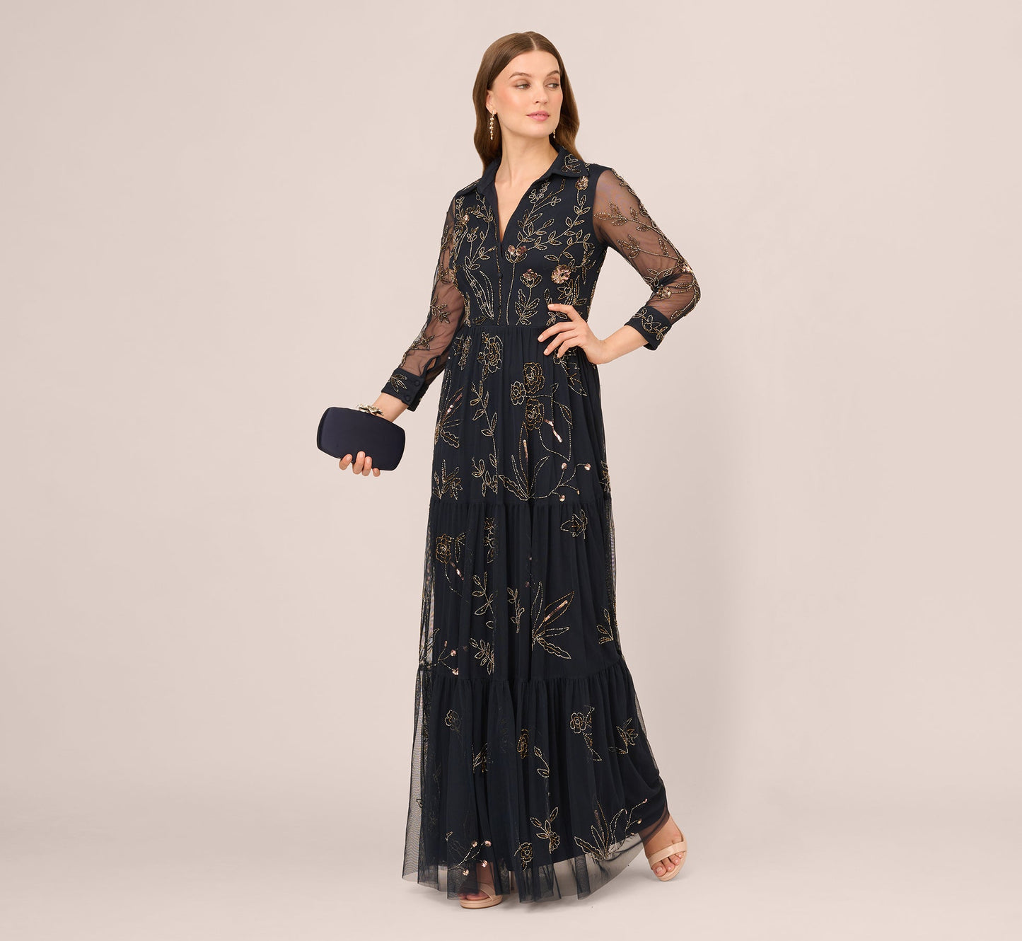 Three Quarter Sleeve Collared Floral Beaded Gown In Midnight Multi