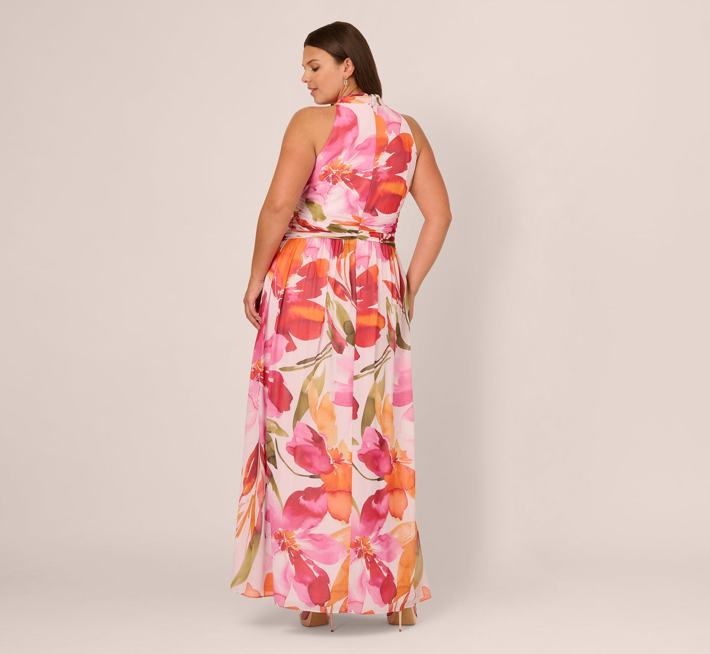 Plus Size Sleeveless Surplice Floral Chiffon Gown In Pink Orange Multi