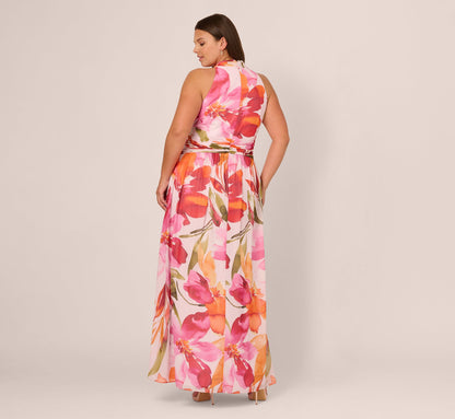 Plus Size Sleeveless Surplice Floral Chiffon Gown In Pink Orange Multi