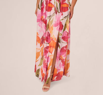 Plus Size Sleeveless Surplice Floral Chiffon Gown In Pink Orange Multi