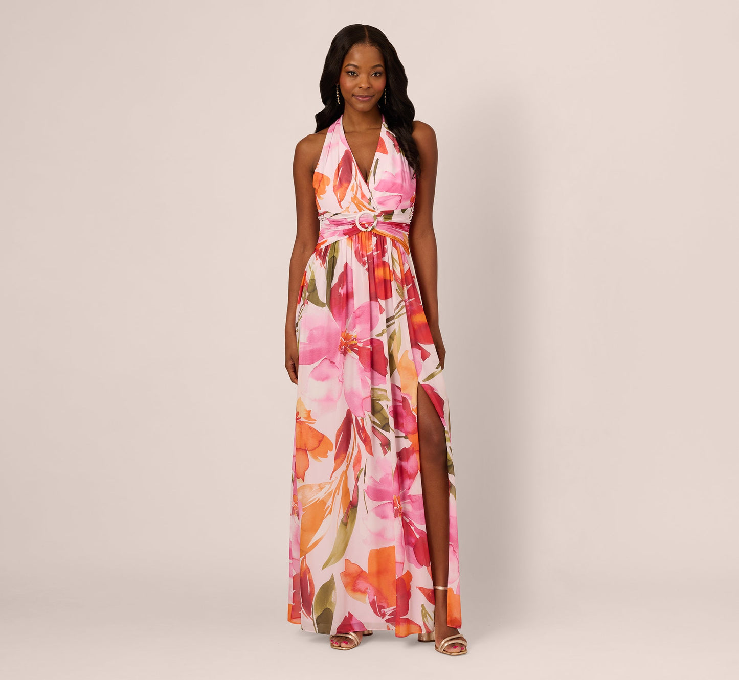 Sleeveless Surplice Floral Chiffon Gown In Pink Orange Multi