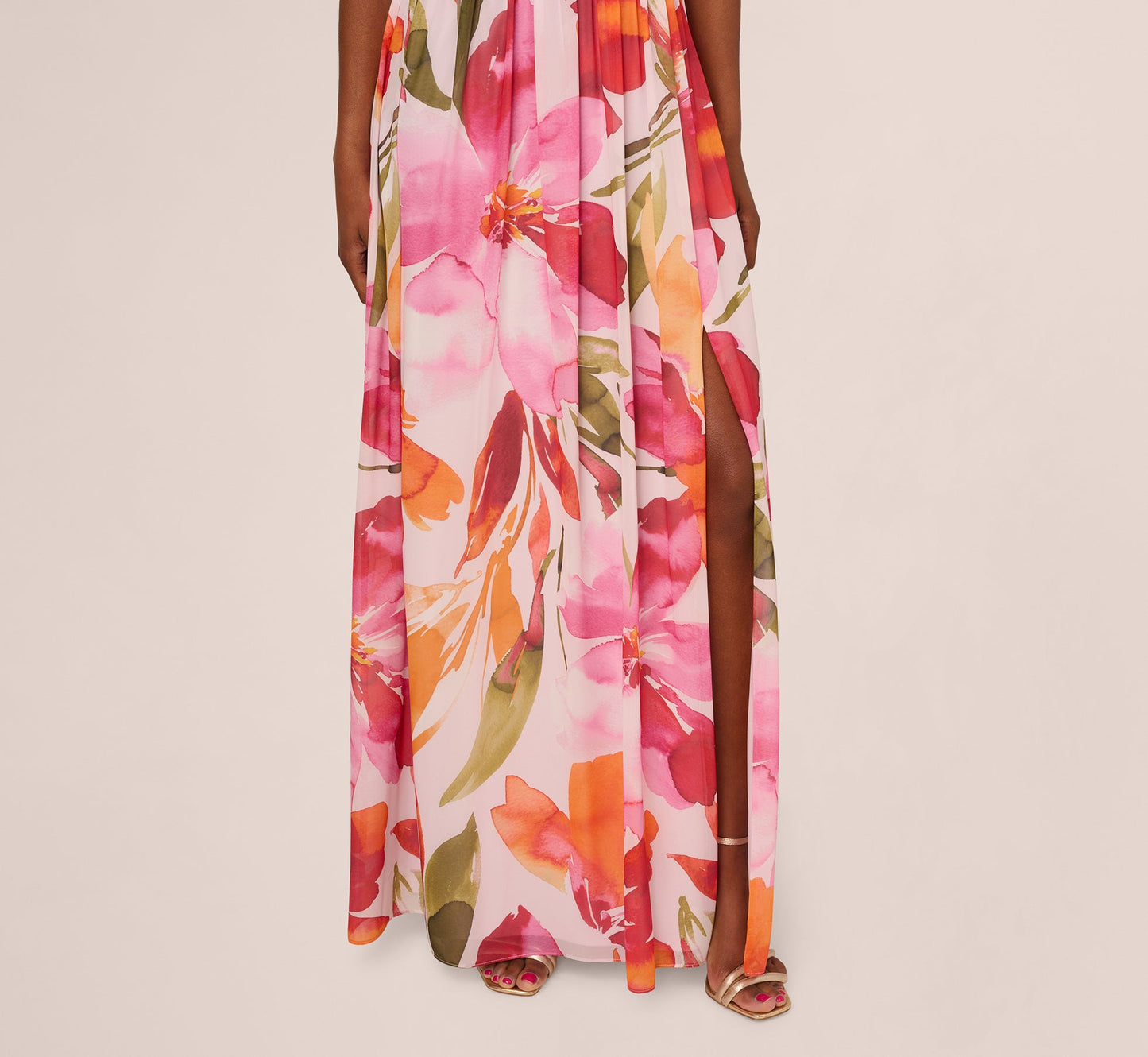 Sleeveless Surplice Floral Chiffon Gown In Pink Orange Multi