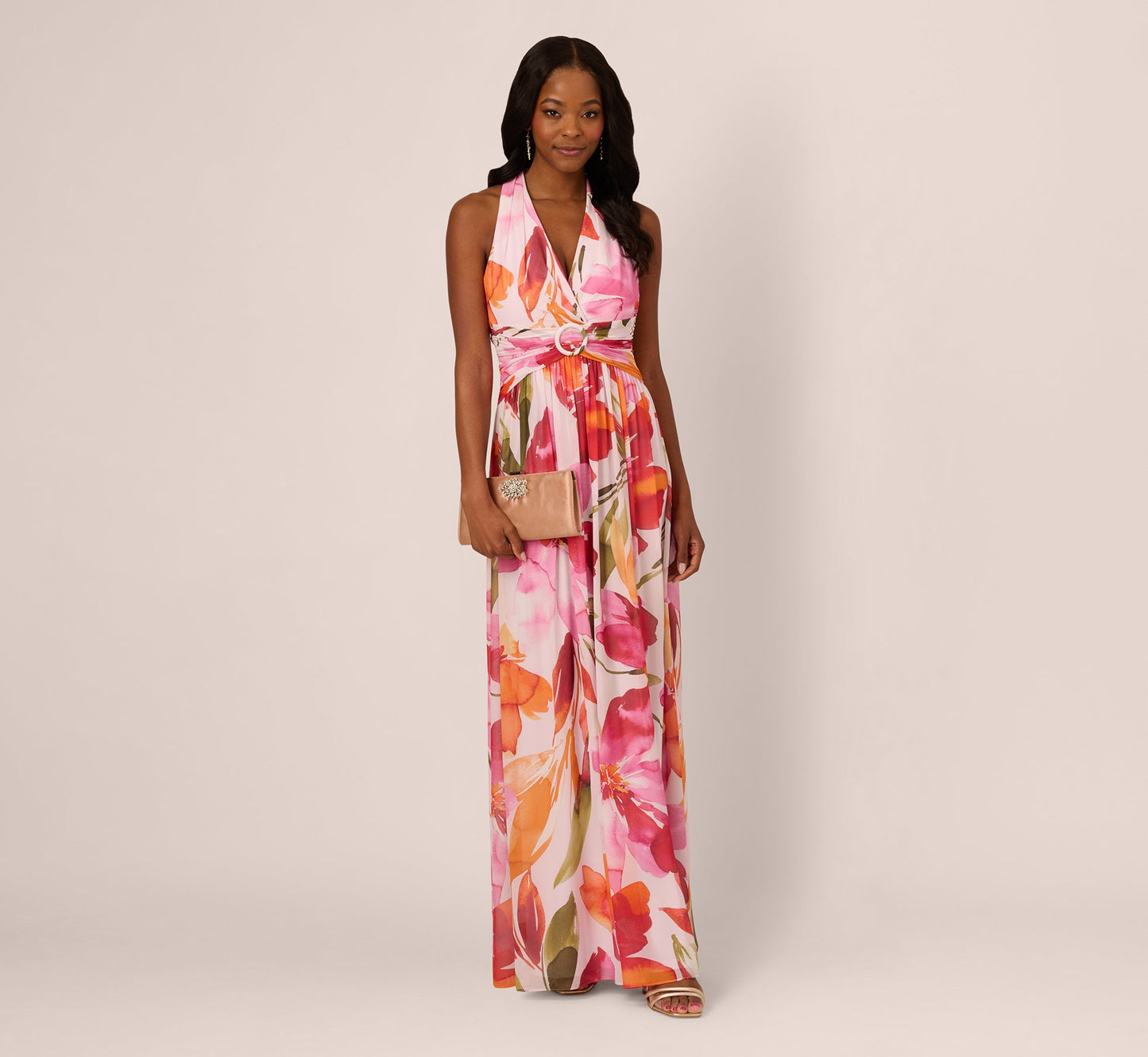 Sleeveless Surplice Floral Chiffon Gown In Pink Orange Multi