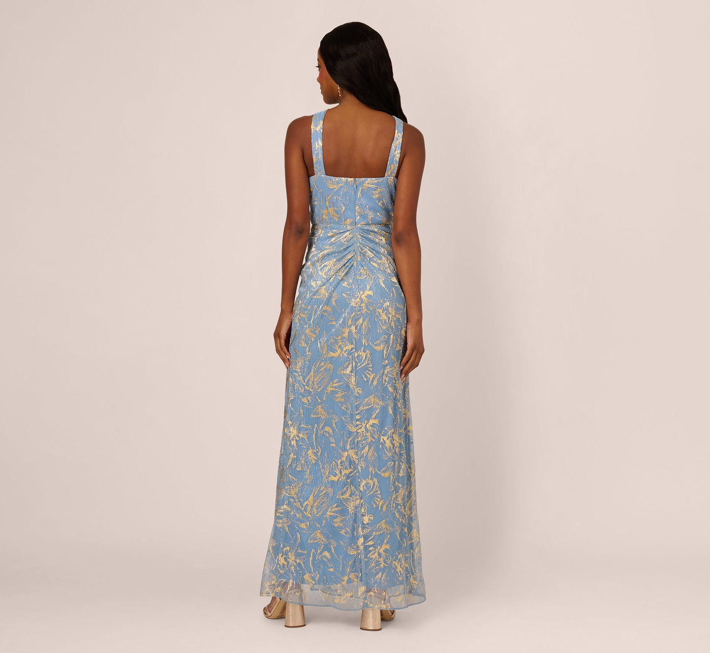 Metallic Crinkle Keyhole Halter Gown In Light Blue Gold