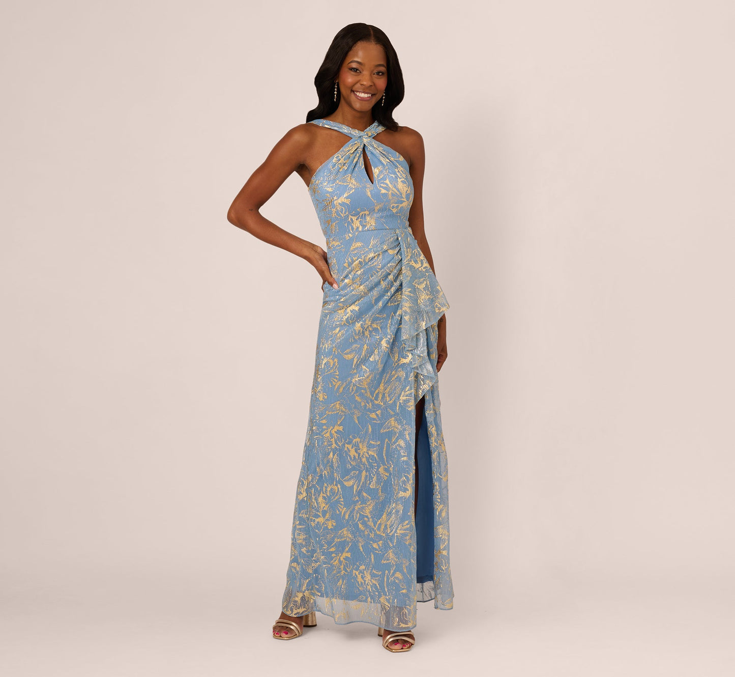 Metallic Crinkle Keyhole Halter Gown In Light Blue Gold
