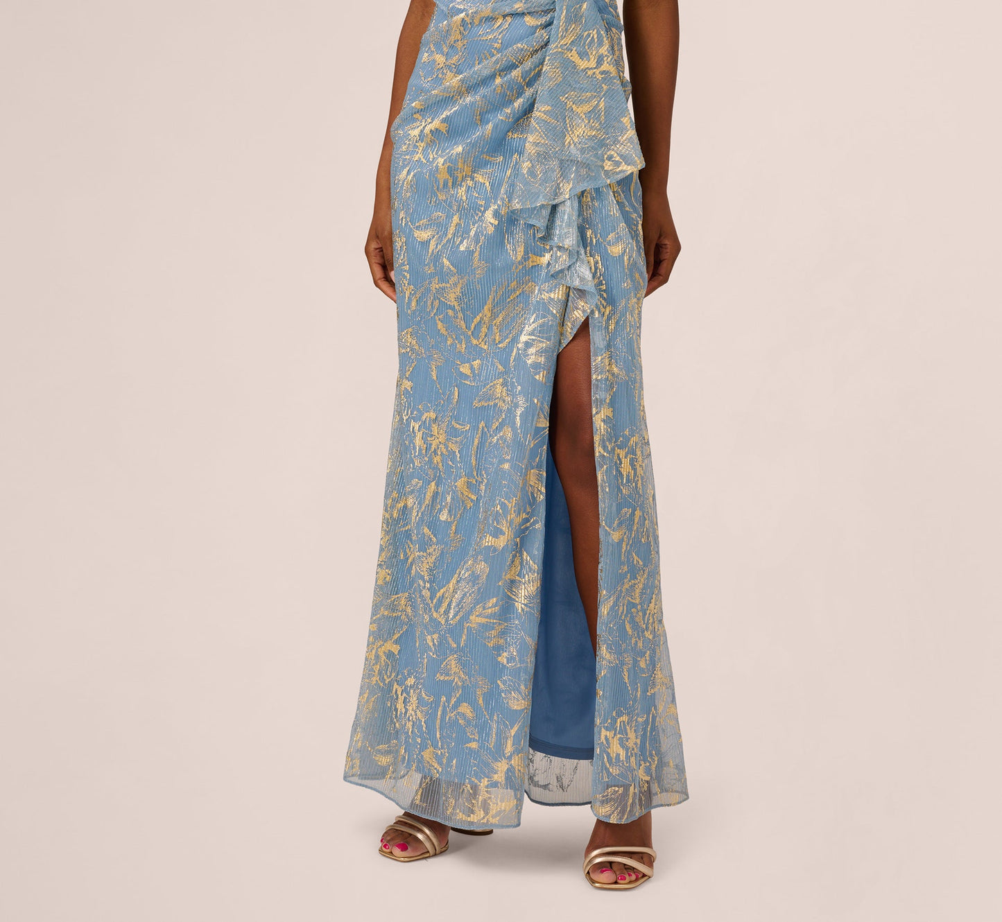 Metallic Crinkle Keyhole Halter Gown In Light Blue Gold