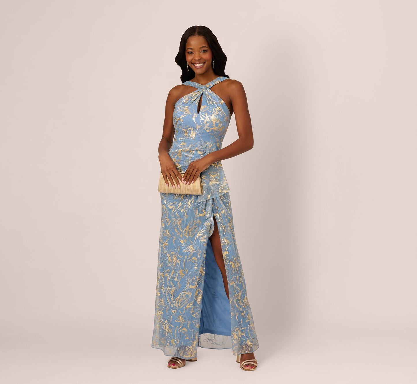 Metallic Crinkle Keyhole Halter Gown In Light Blue Gold