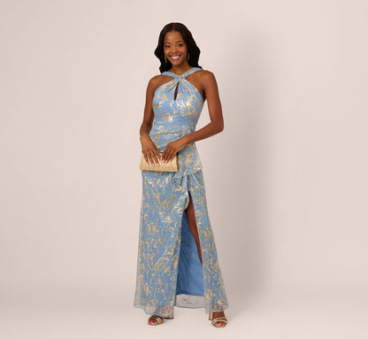Metallic Crinkle Keyhole Halter Gown In Light Blue Gold