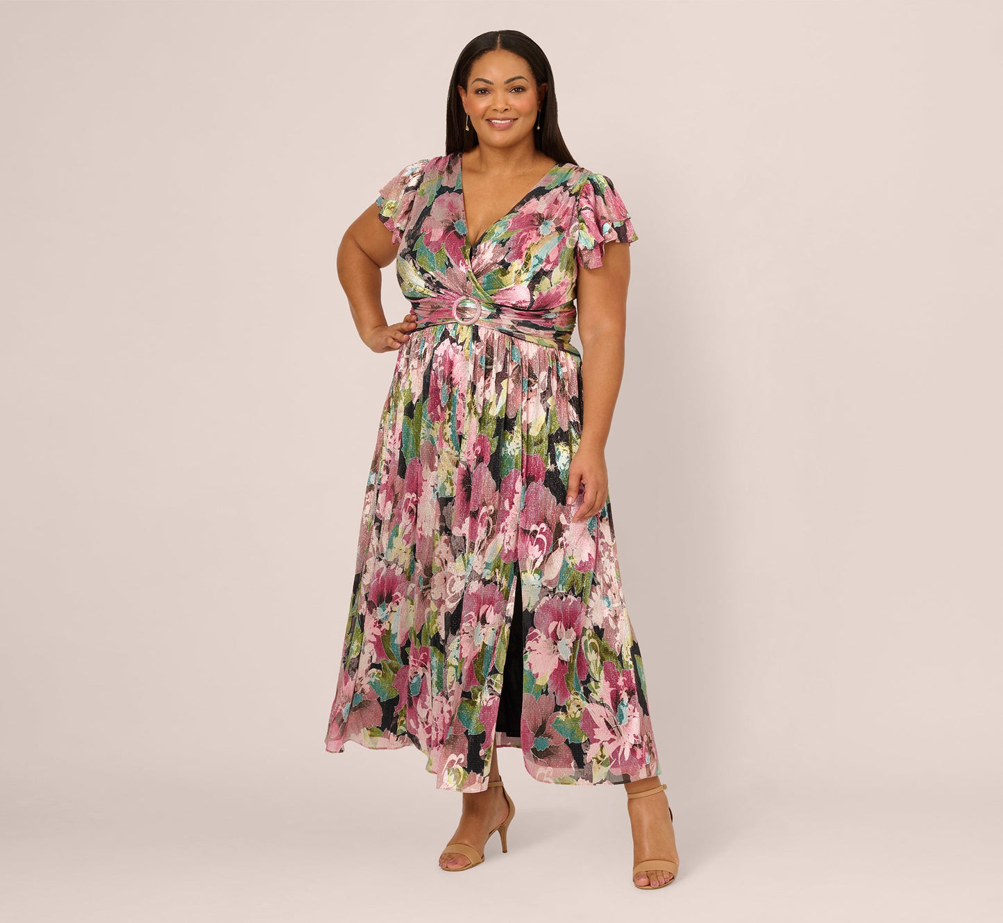 Plus Size Flutter Sleeve Metallic Floral Gown In Navy Pink Multi