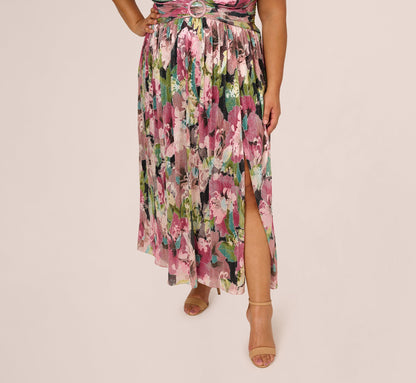 Plus Size Flutter Sleeve Metallic Floral Gown In Navy Pink Multi