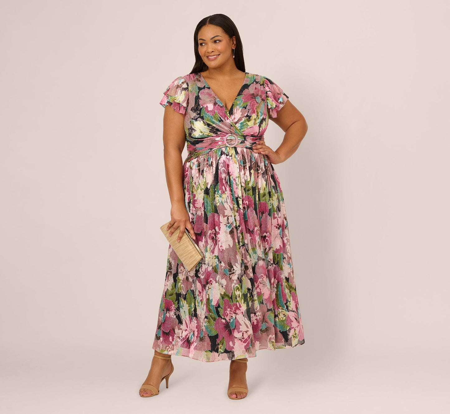 Plus Size Flutter Sleeve Metallic Floral Gown In Navy Pink Multi