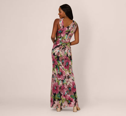 Sleeveless Asymmetrical Metallic Floral Gown In Navy Pink Multi