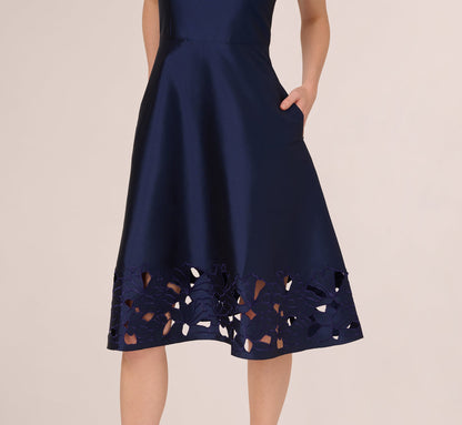 Sleeveless Taffeta Floral Cutwork Midi Dress In Light Navy