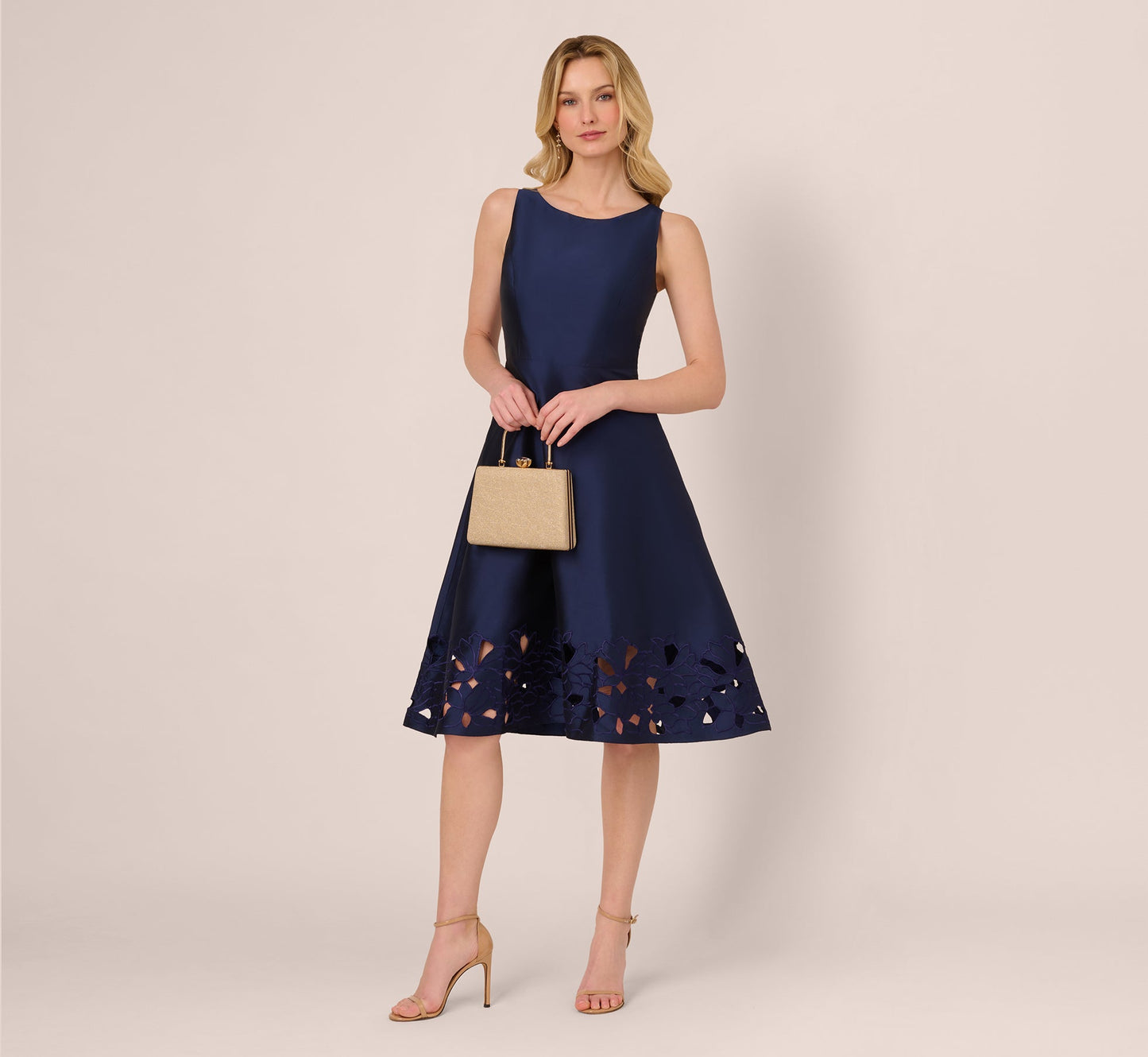 Sleeveless Taffeta Floral Cutwork Midi Dress In Light Navy
