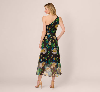 One Shoulder Floral Chiffon High Low Midi Dress In Black Yellow Multi