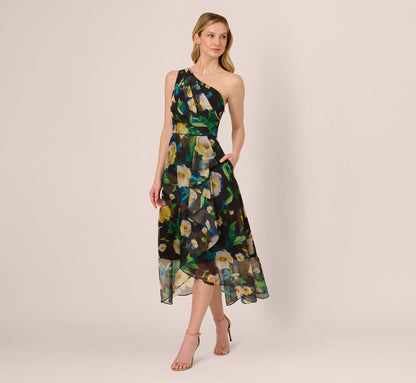 One Shoulder Floral Chiffon High Low Midi Dress In Black Yellow Multi