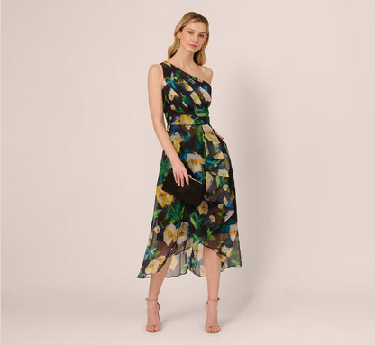 One Shoulder Floral Chiffon High Low Midi Dress In Black Yellow Multi