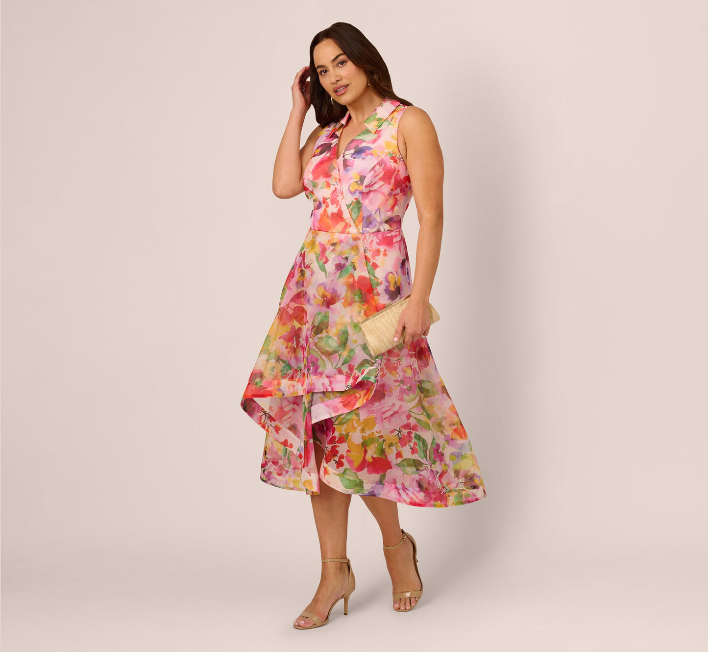 Plus Size Sleeveless Floral Organza Collared High Low Dress In Pink Multi