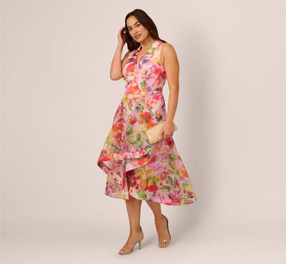 Plus Size Sleeveless Floral Organza Collared High Low Dress In Pink Multi