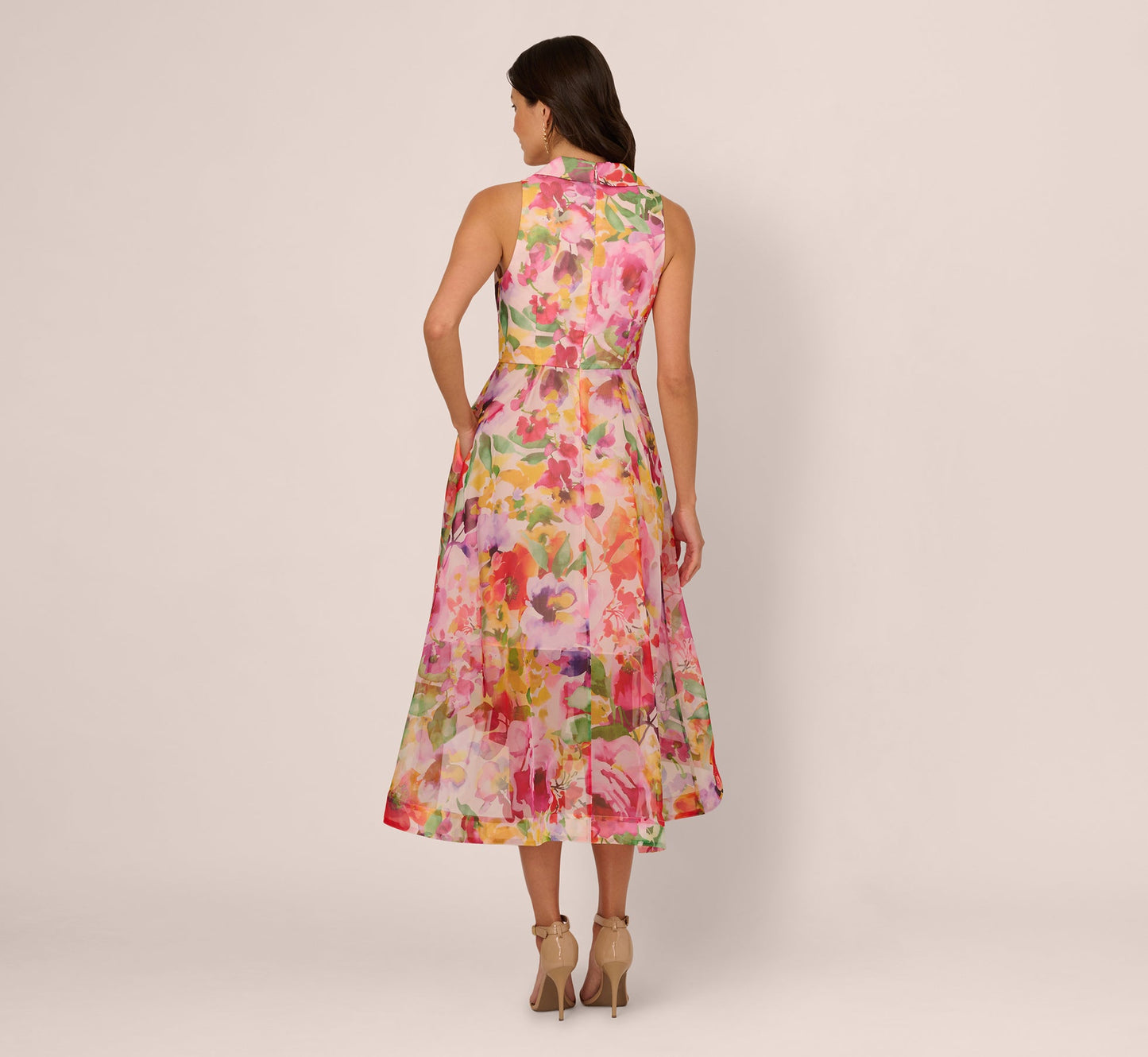 Sleeveless Floral Organza Collared High Low Dress In Pink Multi