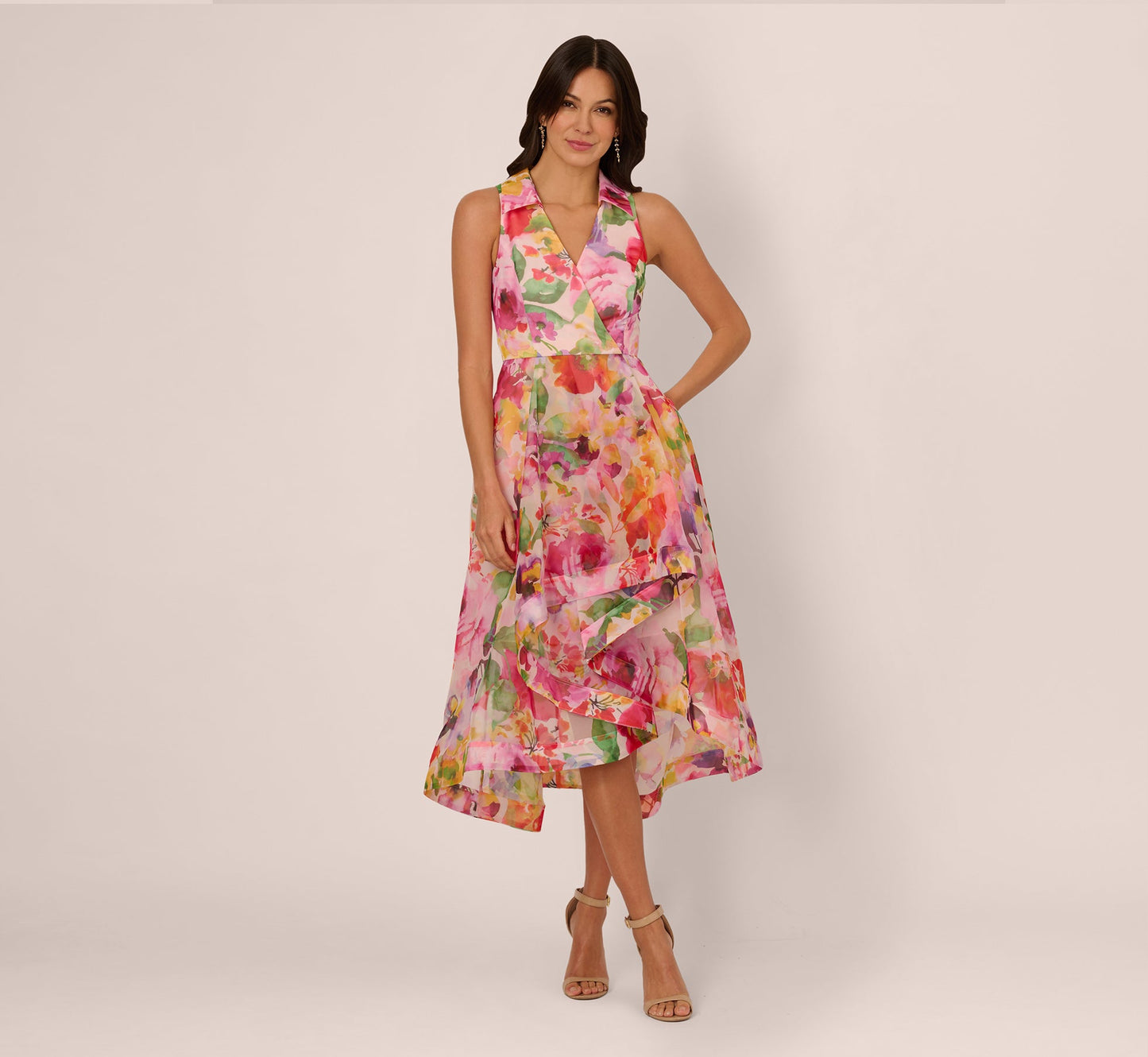 Sleeveless Floral Organza Collared High Low Dress In Pink Multi