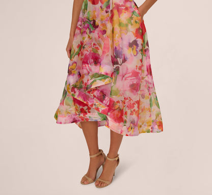 Sleeveless Floral Organza Collared High Low Dress In Pink Multi