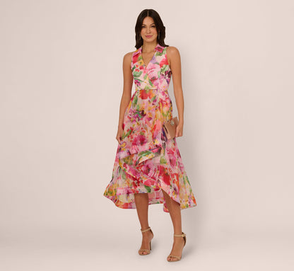 Sleeveless Floral Organza Collared High Low Dress In Pink Multi