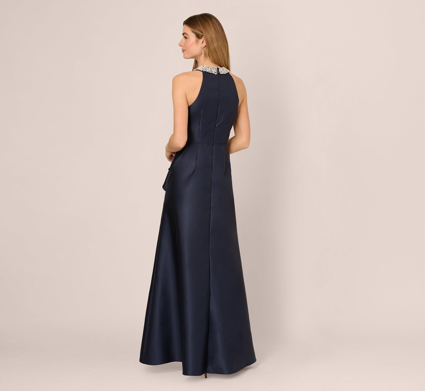Beaded Halter Draped Mikado Gown In Midnight