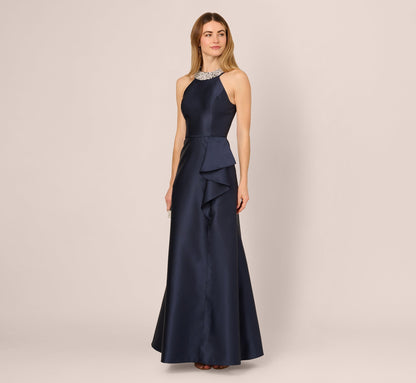Beaded Halter Draped Mikado Gown In Midnight