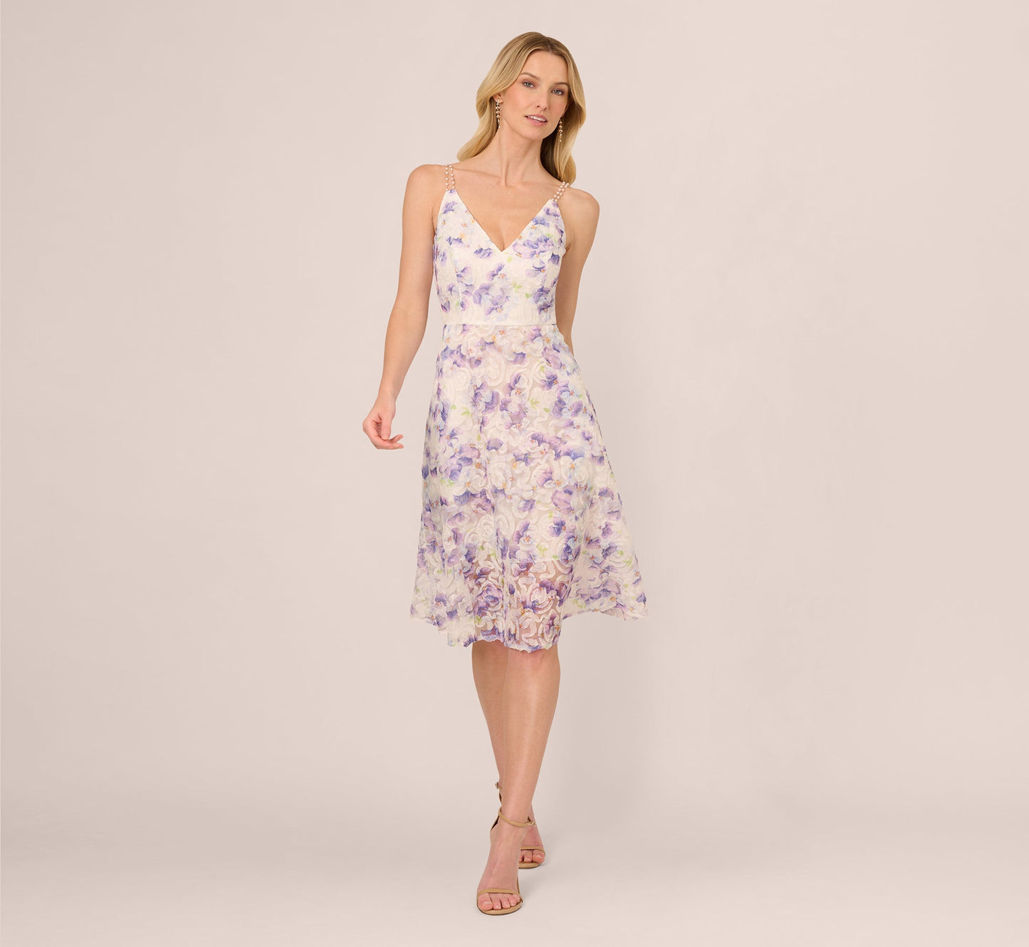 Floral Tulle Soutache A Line Midi Dress With Embellished Straps In Ivory Multi