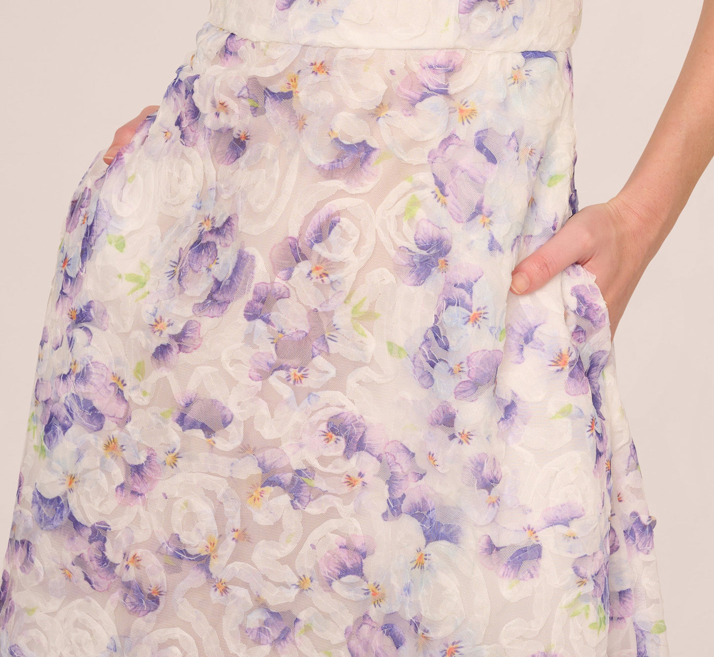 Floral Tulle Soutache A Line Midi Dress With Embellished Straps In Ivory Multi