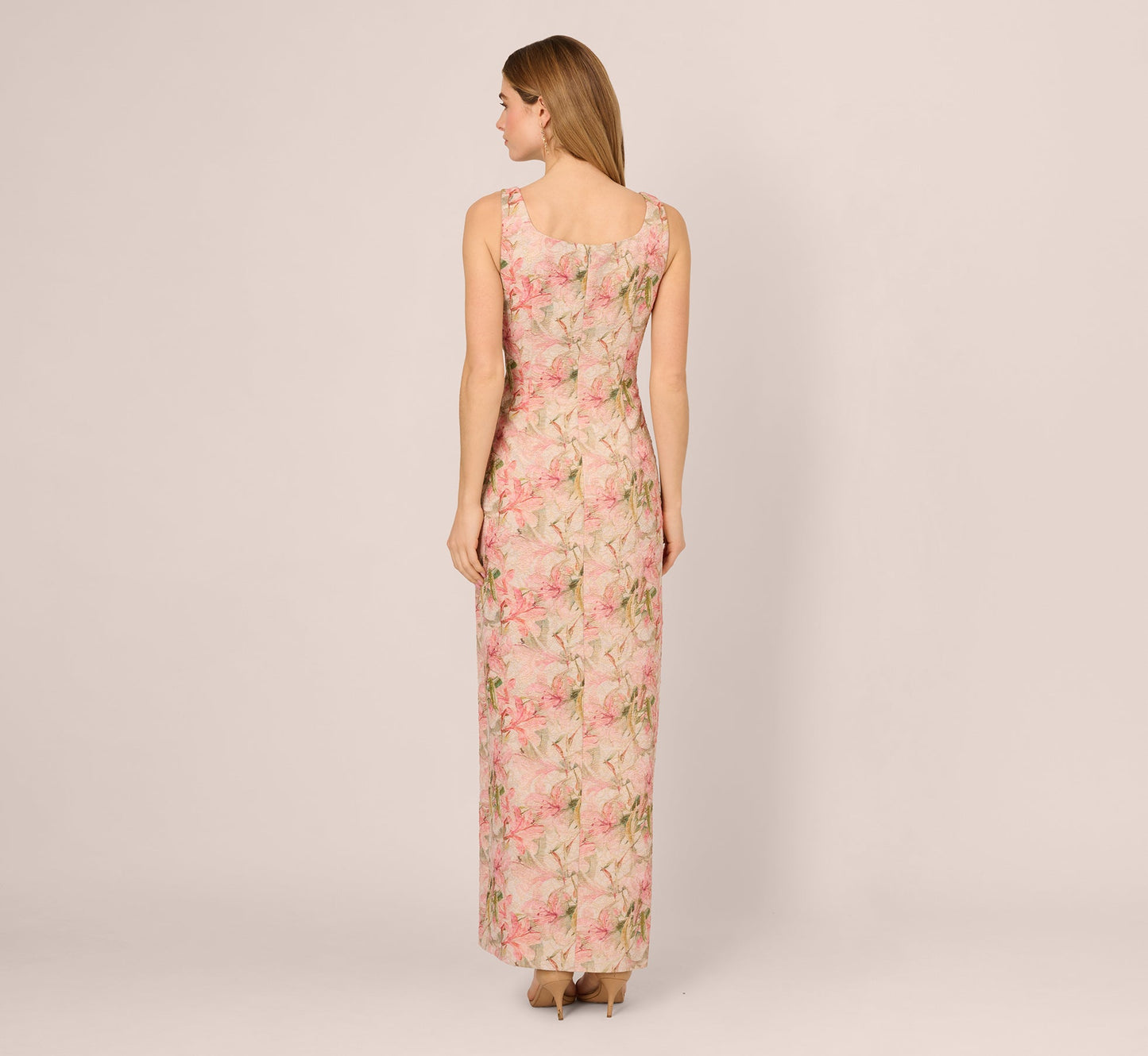 Sleeveless Metallic Floral Matelasse Gown In Coral Multi
