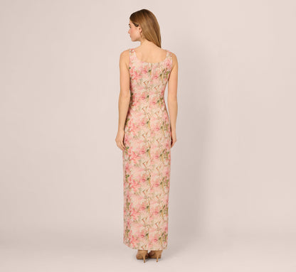Sleeveless Metallic Floral Matelasse Gown In Coral Multi