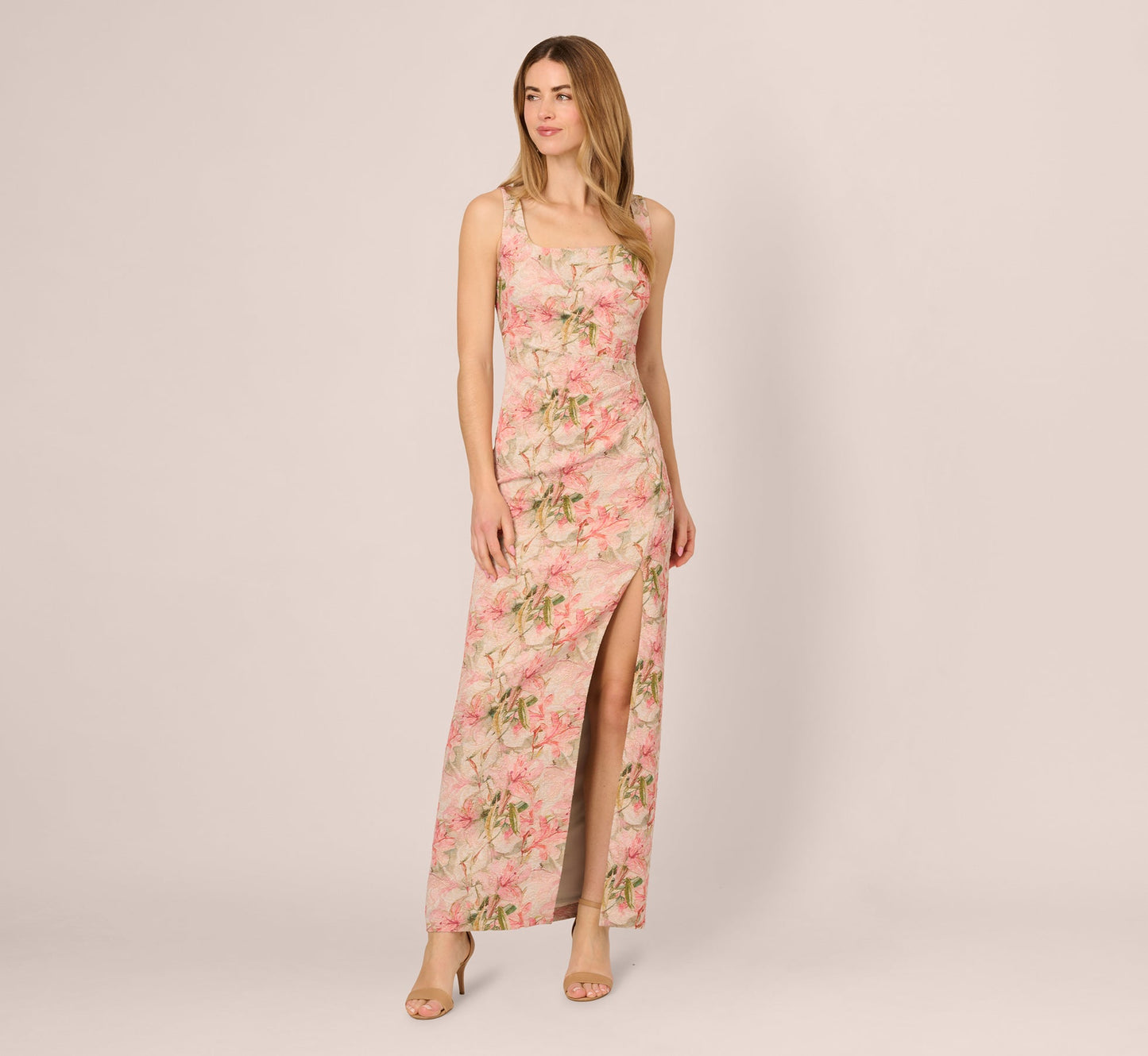 Sleeveless Metallic Floral Matelasse Gown In Coral Multi