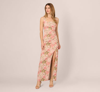 Sleeveless Metallic Floral Matelasse Gown In Coral Multi