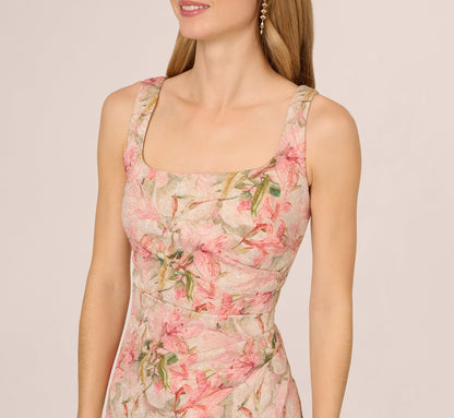 Sleeveless Metallic Floral Matelasse Gown In Coral Multi