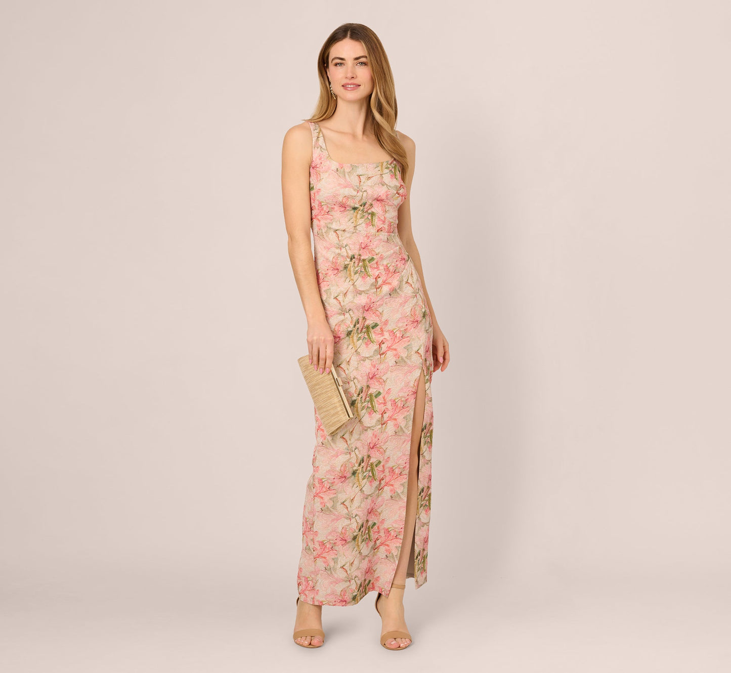 Sleeveless Metallic Floral Matelasse Gown In Coral Multi